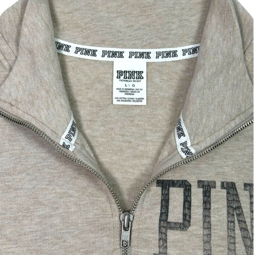 Victoria's Secret PINK Quarter Zip Pullover Oatmeal Heather Heart Dog Logo Large - Picture 5 of 7
